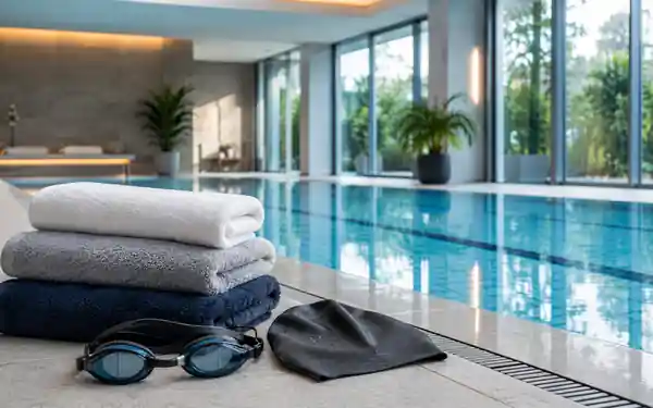 Schwimmbrille, Badekappe und gefaltete Handtücher am Rand eines ruhigen Hallenbads