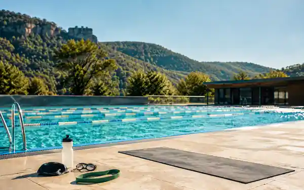 Freibad mit Trainingsmatte, Schwimmbrille und Trainingsband vor den grünen Hügeln der Pfalz